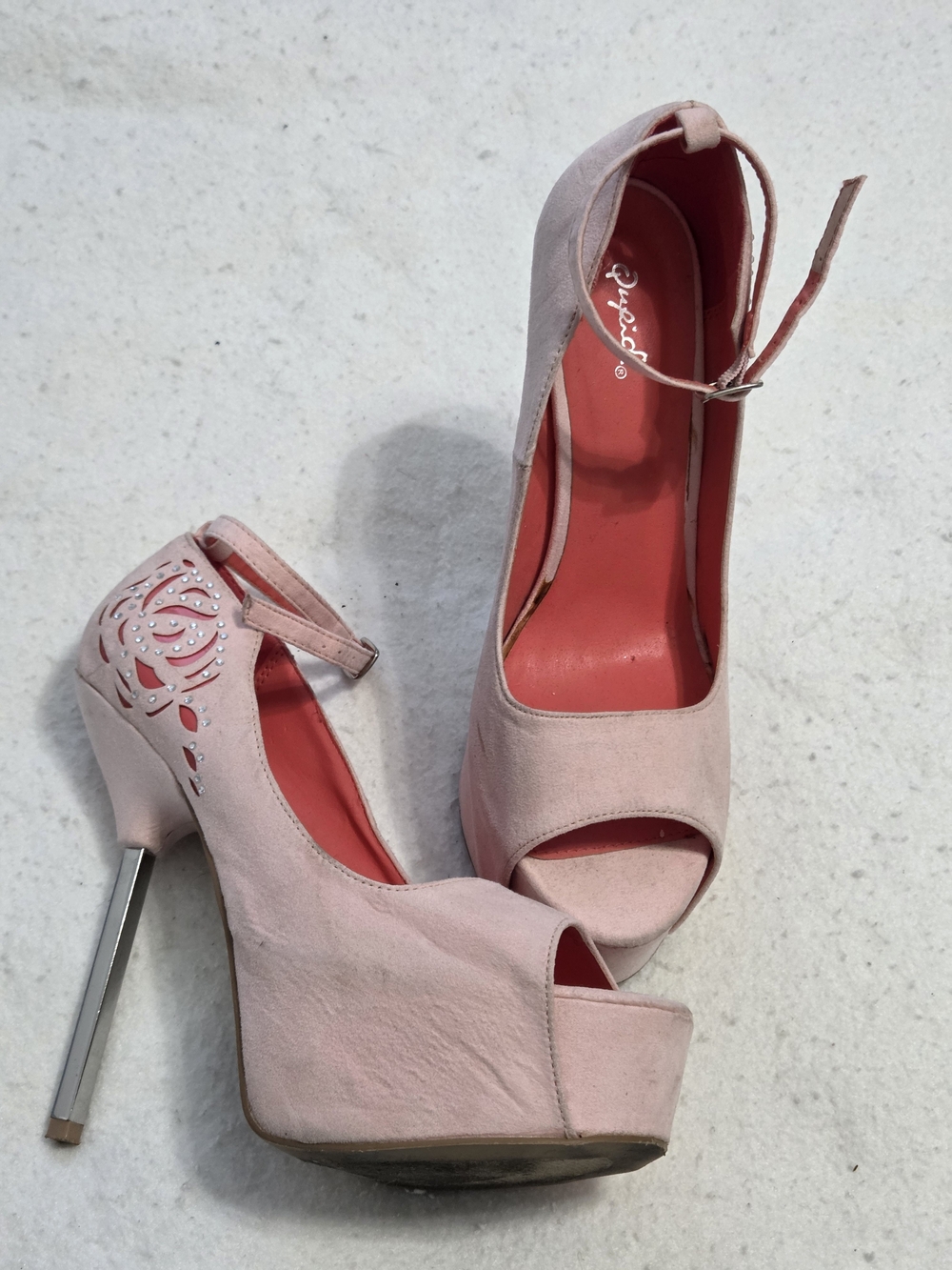 Qupid Pink Peep-Toe Platform Stilettos with Laser-Cut Rhinestone Detail
